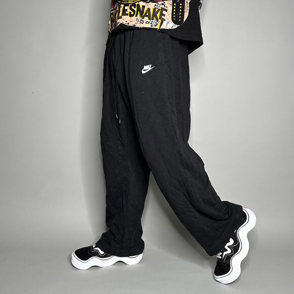 Nike Sweatpants Jet Black Cottton White Swoosh Baggy Fit - Picture 1 of 5